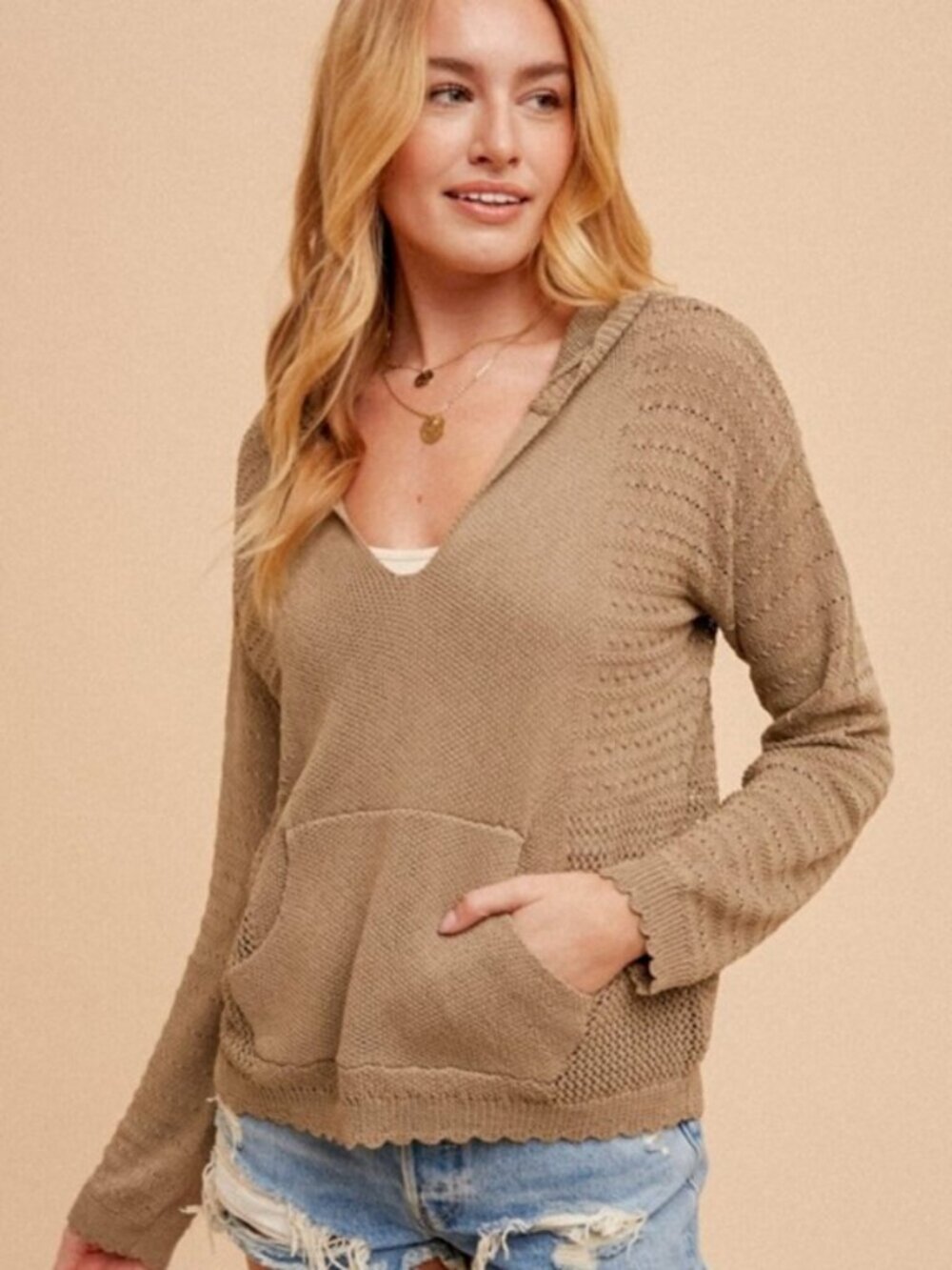 Olive Green Crochet Knit Hoodie Small